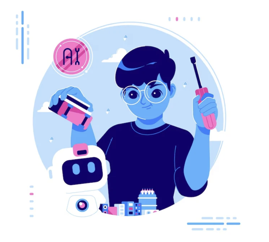 Student building a robot